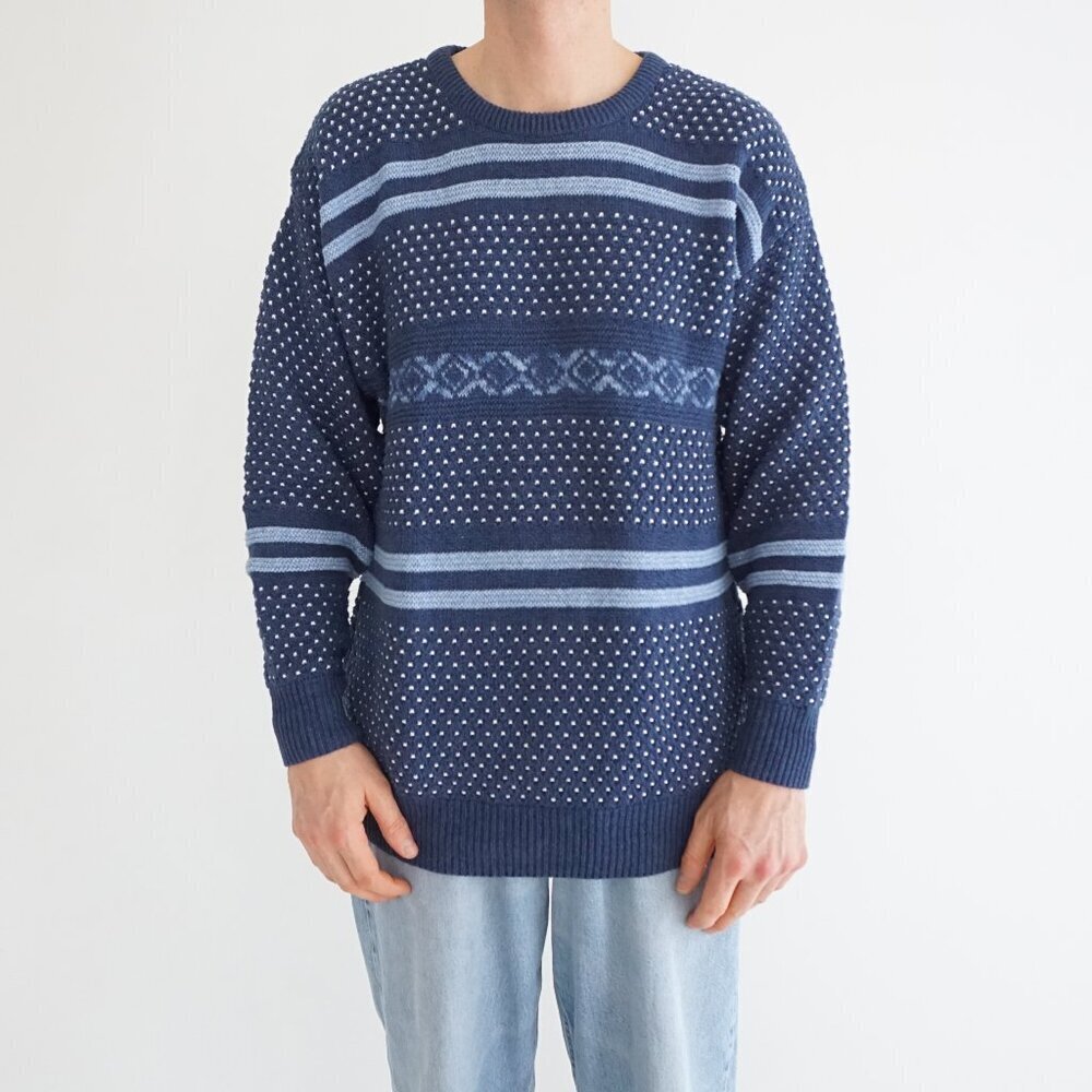 VTG Jantzen Blue Nordic Stripe Pattern Textured Heritage Knit Crewneck Sweater M